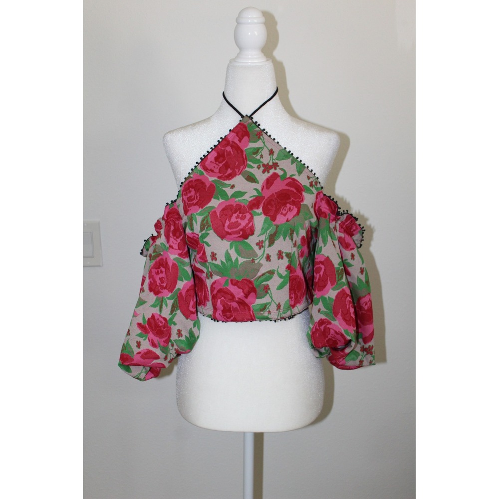 Anthropologie Floral Tapestry Halter Top Red Rose Puff Sleeve Cold Shoulder M